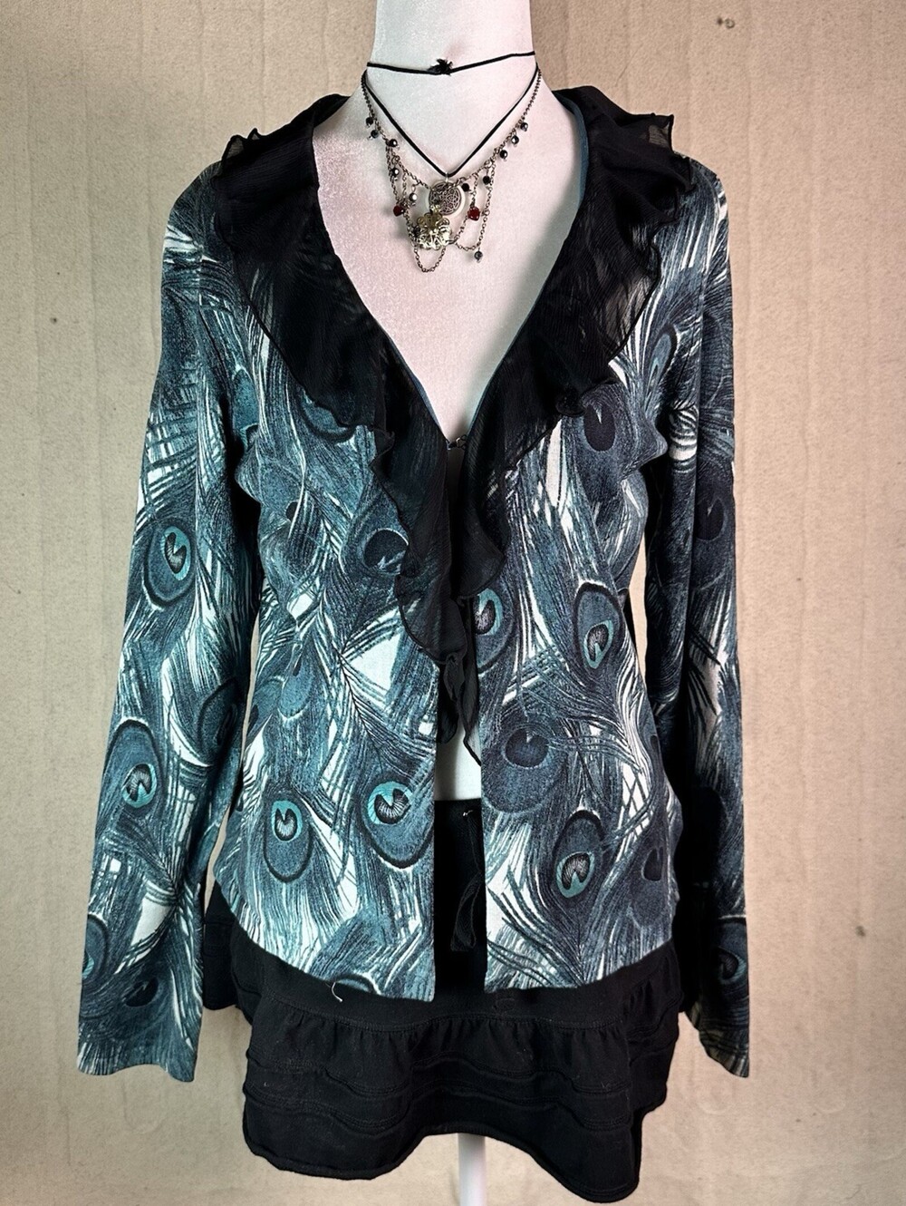 AK Anne Klein Y2K Silk Blend Peacock Feather Ruffle Trim Cardigan Top Size M